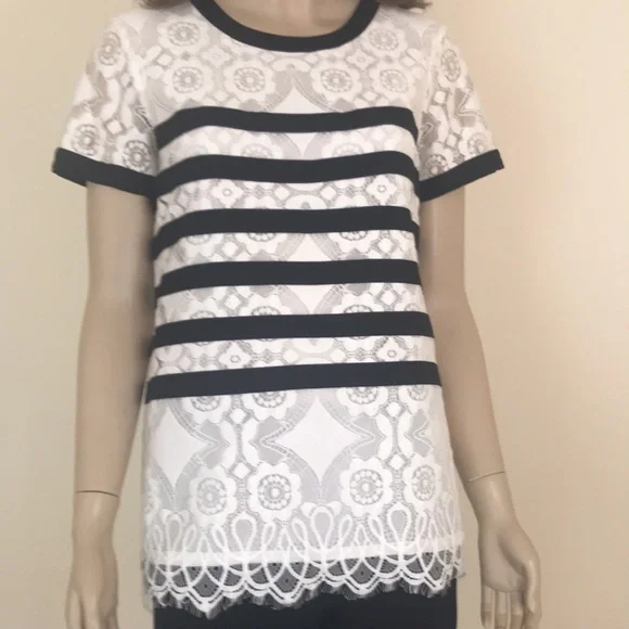 Karl Lagerfeld Size S Top, White Lace Navy Stripe - Picture 4 of 7
